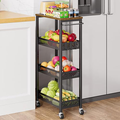 XYZLVSI Slim Rolling Storage Cart, 4 Tier Small Bathroom Cart Organizer | 9.1" W narrow storage cabinet with wooden top and metal handle, ideal for kitchen/dorm, between washer and dryer storage - size: 16.7"Dx9.1"Wx34"H
