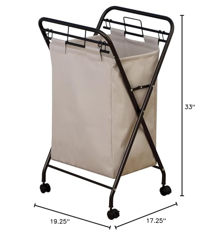 Household Essentials 7172 Rolling Laundry Hamper with Heavy-Duty Canvas Bag | Antique Bronze Frame - color: Natural/Bronze
