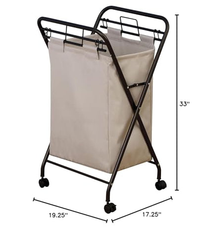 Household Essentials 7172 Rolling Laundry Hamper with Heavy-Duty Canvas Bag | Antique Bronze Frame - color: Natural/Bronze