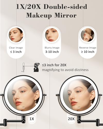 20X 9" Wall Mounted Magnifying Makeup Mirror with Light Height Adjustable | 5000mAh Double Sided Rechargeable LED Lighted Vanity Mirror with Magnification 3 Color Light up Extended Arm 360 Rotation - color: 9inches-black