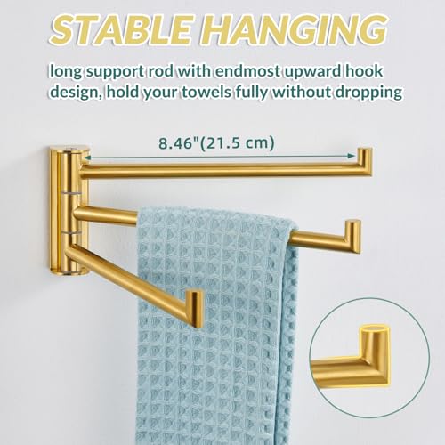 Brushed Gold Swivel Towel Rack with 3 Rotating Arms, Wall Mounted | 304 Stainless Steel, Rust-resistant for Bathroom, Kitchen, 180° Rotatable & Foldable Towel Holder, Space-saving Wall Mounted - color: Brushed Gold
