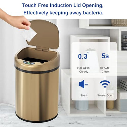 Smart Sensor Trash Can with Automatic Packaging Function 3.5 Gallon Stainless Steel Garbage Bin for Kitchen Bathroom Office Champagne Gold (