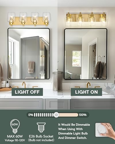 4-Light Brushed Gold Bathroom Vanity Light, Wine Clear Glass Shades | 25.4" modern bathroom light fixtures over mirror, E26 base, bulbs not included, VL155-BG-4 - color: Brushed Gold, Wine Glass Shade, size: 4-light