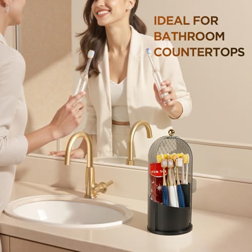 3 Slots Rotating Toothbrush Holders with Lid for Bathroom | Coverd Tooth Brush Holders for Countertop, Concealed Makeup Brush Holder, Toothpaste Holder-Black - color: Black