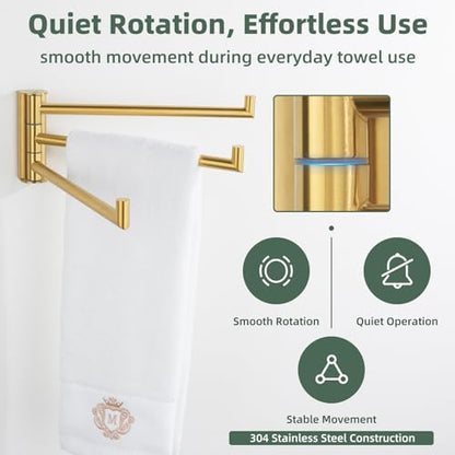 Aomasi Brushed Gold Swivel Towel Bar with Multi 3 Arms, 304 Stainless Steel | Rust-resistant Pivoting Drying Rack for Bathroom Kitchen RV, 180° Swing Arms, Hold Multiple Towels, Space-saving Wall Mounted - color: Brushed Gold