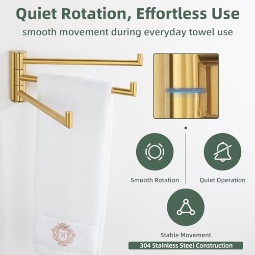 Aomasi Brushed Gold Swivel Towel Bar with Multi 3 Arms, 304 Stainless Steel | Rust-resistant Pivoting Drying Rack for Bathroom Kitchen RV, 180° Swing Arms, Hold Multiple Towels, Space-saving Wall Mounted - color: Brushed Gold