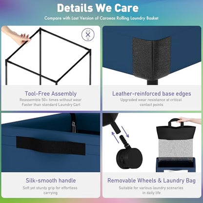Caroeas Next-Gen 105L Matel Frame Laundry Basket with wheels, Heavy Duty Tall Rolling Laundry Hamper with Removable Wash Bag, Collapsible Freestanding Clothes Hamper (105L,Navy Blue,2Pack) - color: Navy Blue - 2 Pack