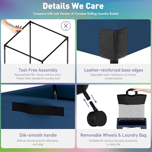 Caroeas Next-Gen 105L Matel Frame Laundry Basket with wheels, Heavy Duty Tall Rolling Laundry Hamper with Removable Wash Bag, Collapsible Freestanding Clothes Hamper (105L,Navy Blue,1Pack) - color: Navy Blue