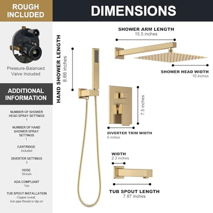 Lava Odoro Modern 3-Setting Square Shower and Tub Faucet Set with Shower Head and Handheld Sprayer Gold, Rainfall Shower System with Tub Spout, Shower Valve Trim Kit, Champagne Gold, SF103-CB-T - color: Champagne Gold, style: With Tub Spout