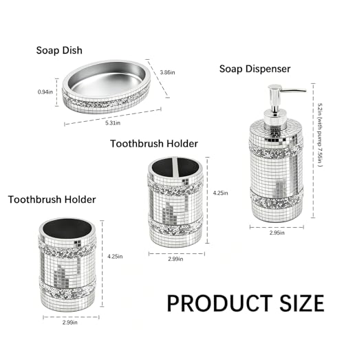 Silver Bathroom Accessories Set, Mosaic Decoration 4-piece Set | Deluxe silver mosaic bathroom 4-piece set,including soap dispenser,soap tray,toothbrush cup,partitioned toothbrush holder - size: 4 Pc Set