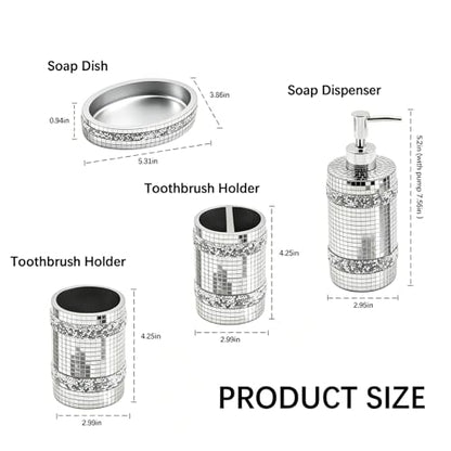 Silver Bathroom Accessories Set, Mosaic Decoration 4-piece Set | Deluxe silver mosaic bathroom 4-piece set,including soap dispenser,soap tray,toothbrush cup,partitioned toothbrush holder - size: 4 Pc Set