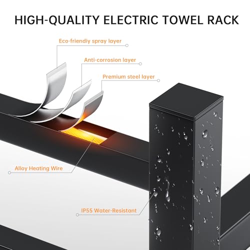 Towel Warmer Rack, Heated Towel Racks for Bathroom, Wall Mounted Towel Warmer, Stainless Steel 8-Bars Drying Rack with Intelligent Touch Screen Timer, Matte Black