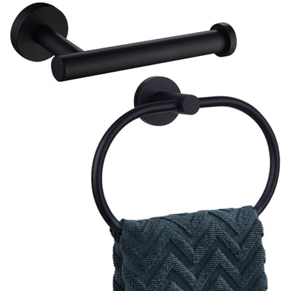 Matte Black Bathroom Hardware Set, 2-piece, 304 Stainless Steel | Bathroom Accessories Set for Bathroom Restroom, 180° rotating Towel Ring, Open-arm Toilet Paper Holder, Drilling Mounted - color: Matte Black Oval Shape