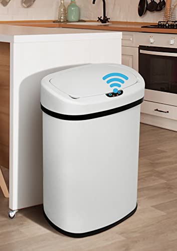 13 Gallon/50 L Kitchen Trash Can with Lid, Stainless Steel Garbage Can with Touch-Free Lid, Cute Trash Can Automatic Trash Can Bathroom Trash Can with Lid, Motion Sensor Trash Can Brushed Finish - color: White