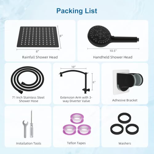 Hibbent Metal 8" High Pressure Rain Shower Head Combo, Oil-Rubbed Bronze | cUPC Certified Rainfall Shower Head with handheld 10 Sprays, 16'' Adjustable Extension Arm, 71'' Hose, Showerhead Holder - color: Oil Rubbed Bronze, style: Square 8''