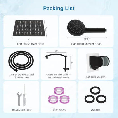 Hibbent All Metal 8" High Pressure Rain Shower Head Combo, Matte Black | cUPC Certified Rainfall Shower Head with handheld 10 Sprays, 16'' Adjustable Extension Arm, 71'' Hose, Showerhead Holder - color: Matte Black, style: Square 8''