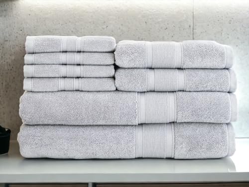 Luzia 8 Piece Bathroom Towel Set - 100% Turkish Cotton, Premium Quality - 2 Bath Towels 2 Hand Towels and 4 Washcloths (Light Grey) - color: Light Grey