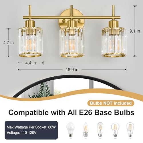 Brushed Gold Bathroom Light Fixtures, Round, 3-Light | Vanity Lights with Crystal Shades, Modern Bathroom Lighting Fixtures over Mirror (Bulbs Not Included, E26) - color: Brushed Gold (Round), size: 3-Light