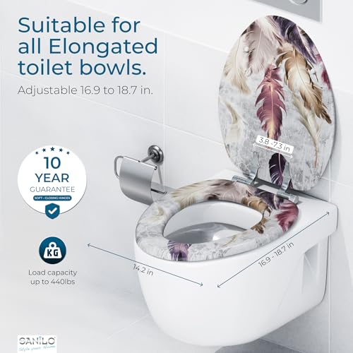 SANILO Wooden Toilet Seat with Soft Close [ELONGATED] - Decorative, Quiet & Slow Close Molded Wood Seat - With Strong Bumpers & Hinges - Adjustable Fit - Feathers - color: Feathers