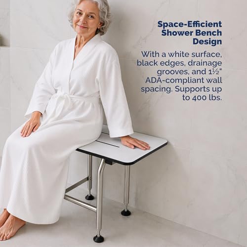 Wall Mounted Phenolic Folding Shower Seat with Legs - Handicap Shower Chair for Elderly & Disabled, Heavy Duty Bath Seat, ADA Compliant Foldable Bathroom Bench - 18" Length, White, 400 lbs Capacity | Handicap Shower Chair, Elderly & Disabled, Heavy Duty B