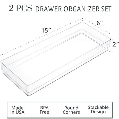 STORi SimpleSort 2-Piece Stackable Clear Drawer Organizer Set | 15" x 6" x 2" Rectangle Trays | Wide Makeup Vanity Storage Bins and Office Desk Drawer Dividers | Made in USA - size: 15x6x2"