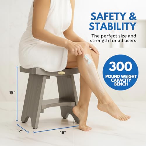 EcoDecors Serenity Teak Wood Shower Bench with Shelf 18 Inch Lunar Gray Finish Solid Teak Bathroom Seat Storage Non Slip Adjustable Feet Slatted Drainage Design for Shower Spa Sauna Indoor Outdoor Use