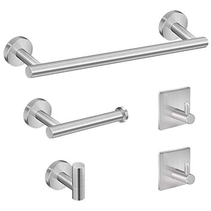 Tudoccy 5-Pieces Bathroom Hardware Set Brushed Nickel SUS304 Stainless Steel Round Wall Mounted - Includes 24" Hand Towel Bar, Toilet Paper Holder, 3 Robe Towel Hooks, Bathroom Accessories Kit | Includes hand towel bar, toilet paper holder, 3 robe hooks;