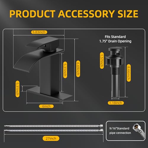 Waterfall Bathroom Faucet, Matte Black Stainless Steel, 1-Handle | Modern Bathroom Sink Faucet for RV & Outdoor Basins, Pop-Up Drain, Supply Lines, 6-in Deck Plate, 1- or 3-Hole, NSF Certified - color: Matte Black