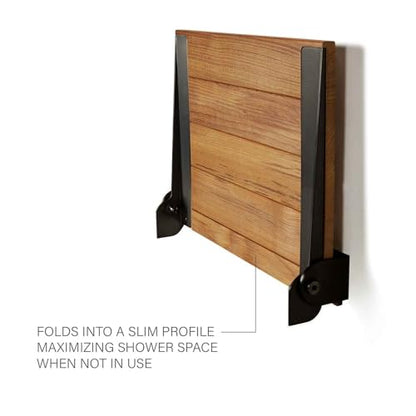 Seachrome 18 inch Silhouette Slimline Folding Wall Mount Shower Bench Seat, Natural Teak Wood with Matte Black Frame - color: Teak Wood With Matte Black Frame