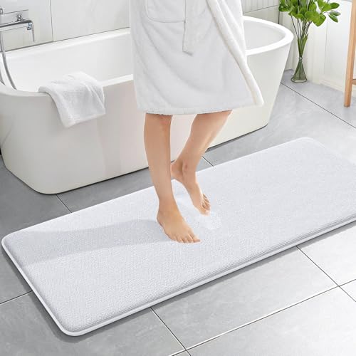OLANLY Memory Foam Bathroom Runner Rugs 59x20, Absorbent Long Mat, White | Soft Quick Dry Bath Rugs, Non-Slip Carpet, Machine Washable Mat for Bathroom Floor, Tub and Shower, Home Decor Accessories - color: White, size: 59" X 20"
