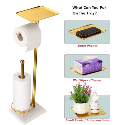 Toilet Paper Holder with Tray At the Top, Sturdy Marble Base No Wobby, Holding Extra 3 Toilet Paper Rolls As Spare Use, Freestanding No Drilling (Gold) - color: Gold