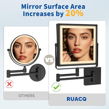 Ruacq Wall Mounted Makeup Mirror with Lights 1X/10X Dual Sided Matte Black | 8",4000mAh Rechargeable,Magnification,3 Color,Touch Screen Dimmable,360° Rotation Extension Foldable Arm, Square, Women Gift - color: Matte Black