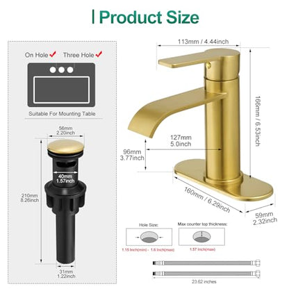 VOTON Waterfall Bathroom Faucet Brushed Gold, Single Handle 1 or 3 Hole Modern Sink Faucet with Deck Plate & Pop-Up Drain, RV Camper Vanity Washbasin Tap - color: Brushed Gold
