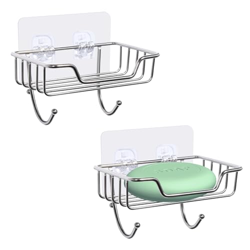 Uten Soap Dish Holder, 304 Rustproof Stainless Steel, No Drilling, Wall Mounted Soap Holder Soap Tray Bar Soap Sponge Holder for Bathroom & Kitchen(Pack 2) - color: Light Sliver / Hook, size: 2 Pack