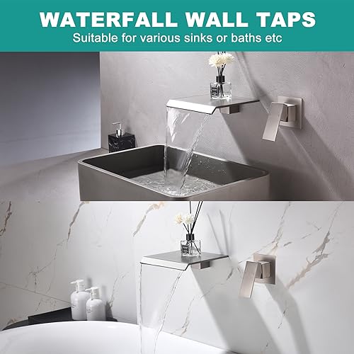 Waterfall Wall Mount Faucet Bathroom Bathtub Tub Faucet Single Handle Tub Filler Bathroom Sink Faucets Rough-in Valve Included - color: Brushed Nickel