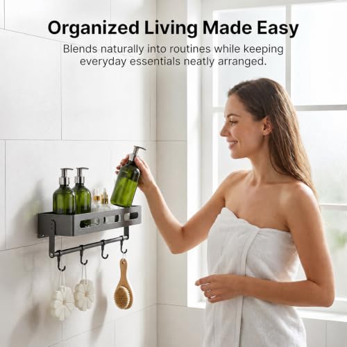 Carbon Steel Shower Caddy and Gray Shower Shelf Storage Rack | Adhesive Stick-On No-Drilling with Towel Bar&Hooks, Removable, Inside Shower, also works as Shower Organizer, Bathroom Shelf