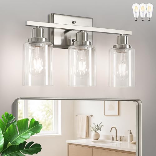 Ascher Bathroom Light Fixtures, 3 Light Vanity Light with LED Bulbs Included, Brushed Nickel Wall Sconces with Clear Glass Shades for Mirror, Kitchen, Living Room, Hallway, Cabinet - color: Nickel & Bulb, size: 3 Light