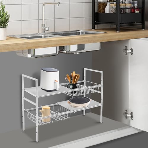 2-Tier Under Sink Organizer, Adjustable 20.9-34.6 Inch, Stainless Steel Cabinet Shelf with 4 Baskets, Cream White (Silver) - color: Silver