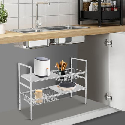 2-Tier Under Sink Organizer, Adjustable 20.9-34.6 Inch, Stainless Steel Cabinet Shelf with 4 Baskets, Cream White (Silver) - color: Silver