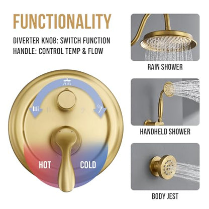 DASAN Antique Shower Faucet Sets Complete Rain Shower System in Wall with Body Shower Spray Jets, Brushed Gold Shower Fixtures with 9'' Rainfall Overhead Shower, Handheld, Valve & Trim Kit, AT249W-BTG - color: Brushed Gold