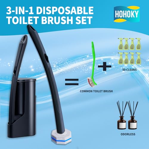 Disposable Toilet Brush with 50 Cleaner Refills Pads，Wall Mounted Toilet Bowl Holder Set，Toilet Cleaning System Starter Kit，Bathroom Cleaning System for Sink Bathtub Wash Basin