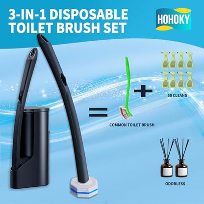 Disposable Toilet Brush with 50 Cleaner Refills Pads，Wall Mounted Toilet Bowl Holder Set，Toilet Cleaning System Starter Kit，Bathroom Cleaning System for Sink Bathtub Wash Basin