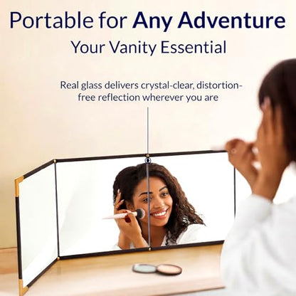 Real Glass Foldable Full-Length Travel Mirror, Portable, Folds 9x8in | Opens to 32in, Crystal-clear, No warping, Vegan-leather, Hook + strap, Hotels, Dorms, RVs, Camping, Small spaces, Gift box