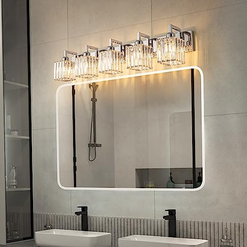 Modern Bathroom Vanity Light 5-Lights Chrome Crystal Wall Lamp Bathroom Modern Crystal Vanity Lighting - color: Chrome Crooked, size: 5-light