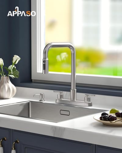APPASO 4 Hole Kitchen Faucet Brushed Nickel for 3 or 4 Hole Standard Sinks | 2 Handle Kitchen Faucets with 3-Mode Pull Down Sprayer and Soap Dispenser, Square Spout Dual Handle Faucet Stainless Steel - color: 2-Brushed Nickel
