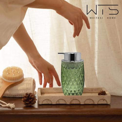 Glass Foaming Soap Dispenser, 10.5oz Foaming Pump Bottle with Silvery Pump for Bathroom, Kitchen, Refillable Bathroom Lotion Container Pump Bottle with Vintage Pattern, Green