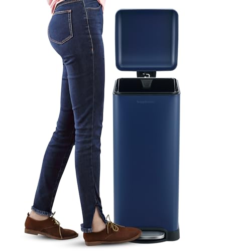 happimess Betty 8 Gal Step Trash Can Soft-Close Lid, Denim Blue | Removable Liner, Semi-Rectangular, Steel Pedal, Iron Powder Coated, 27" Height, Non-Skid Base - color: Denim Blue