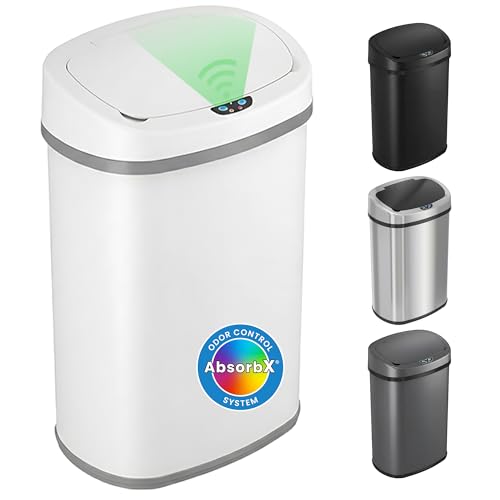 iTouchless Patented 13 Gallon Motion Sensor Trash Can with Lid & AbsorbX Odor Filter | 50L White Stainless Steel Kitchen Garbage Bin, Fits Standard Bags, Long Battery Life, AC Adapter Compatible - color: Matte - White