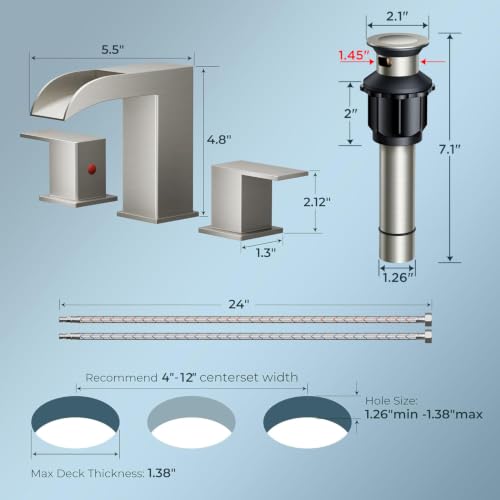 QFN Waterfall Bathroom Faucet 3 Hole 8" Widespread Brushed Nickel 2 Handle | Bathroom Sink Faucet Lead-Free with Pop-up Drain and Supply Lines, Fits 4-12 Inch 3 Hole Install, for Vanity Laundry Restroom - color: Brushed Nickel, style: Waterfall