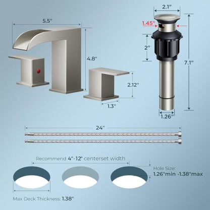 QFN Waterfall Bathroom Faucet 3 Hole 8" Widespread Brushed Nickel 2 Handle | Bathroom Sink Faucet Lead-Free with Pop-up Drain and Supply Lines, Fits 4-12 Inch 3 Hole Install, for Vanity Laundry Restroom - color: Brushed Nickel, style: Waterfall